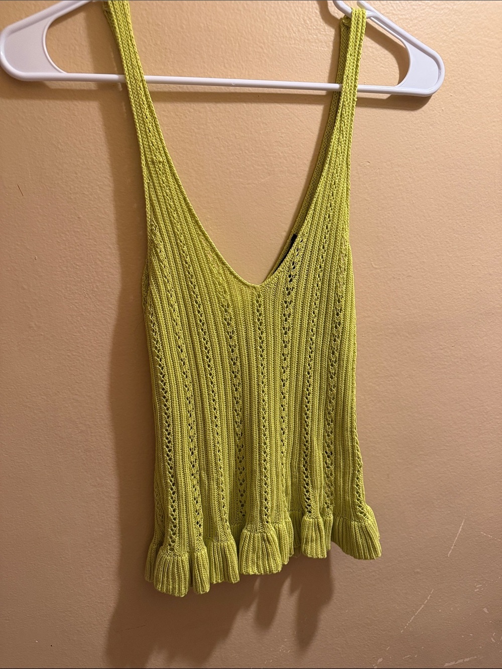 Zara Neon Lime Knit V‑Neck Ruffle Hem Tank